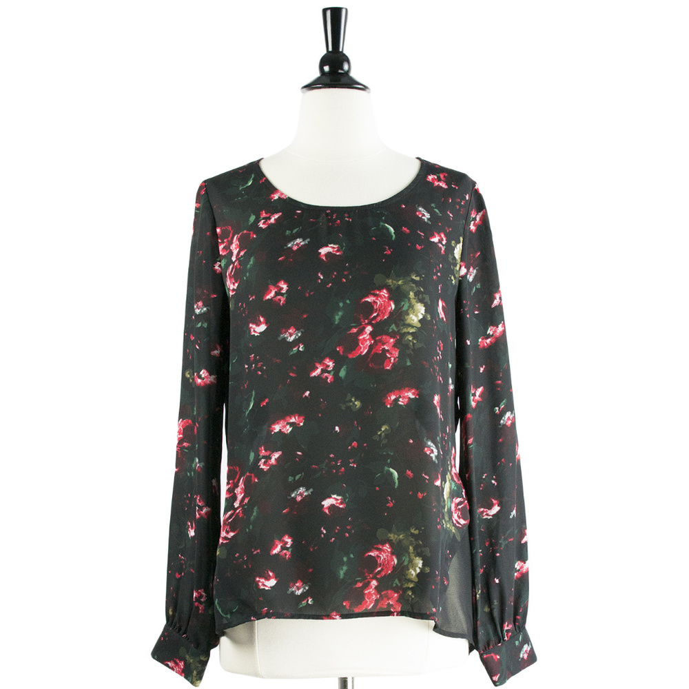 Eden Society | Floral Print Chiifon Long Sleeve Sheer Back Top, Black Red Floral